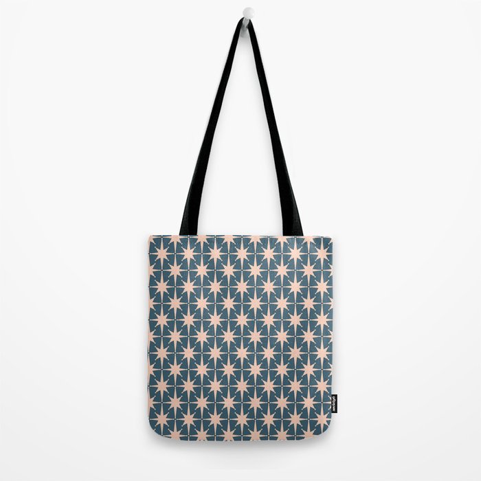 Mid Century Modern Atomic Stars Pattern in Steel Teal Blue and Pale Blush Pink Tote Bag Gallery Image 2