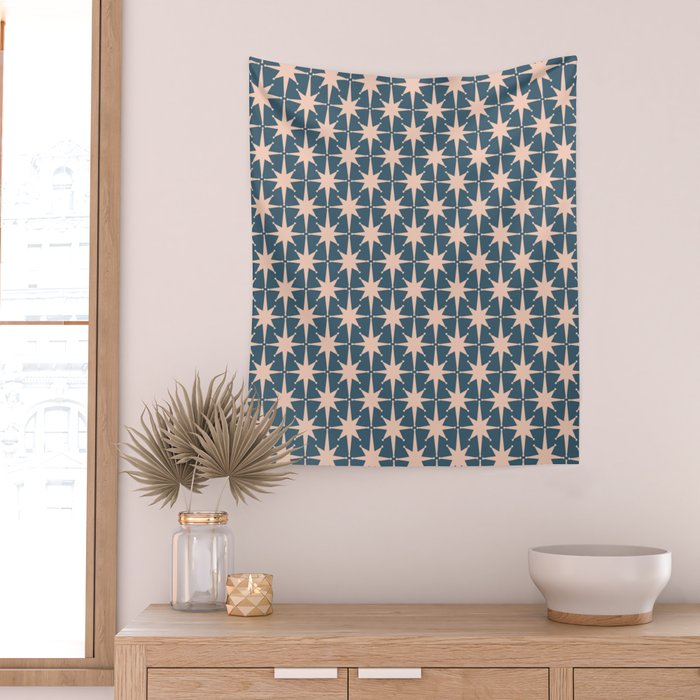 Mid Century Modern Atomic Stars Pattern in Steel Teal Blue and Pale Blush Pink Wall Tapestry Gallery Image 2