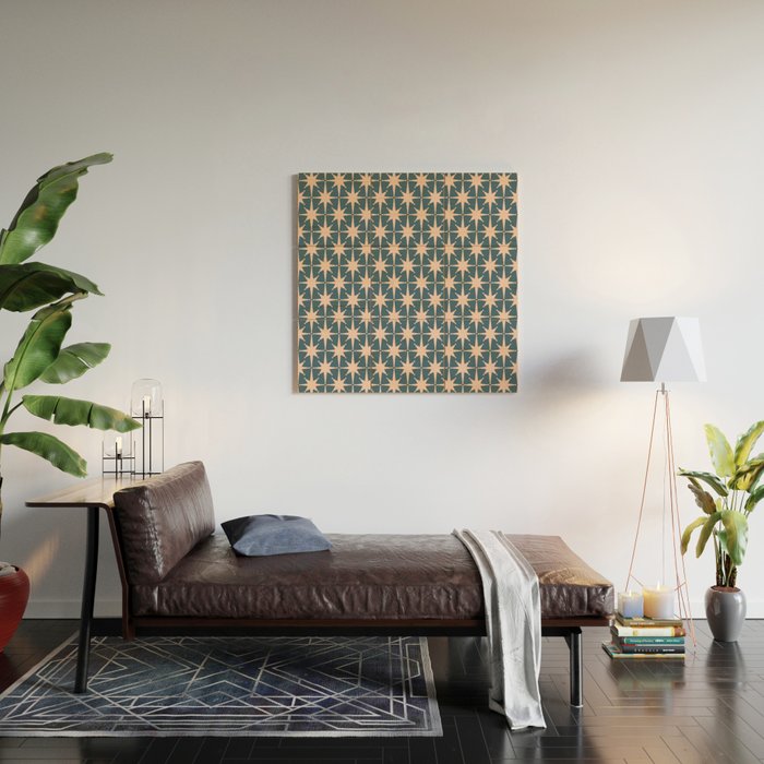 Mid Century Modern Atomic Stars Pattern in Steel Teal Blue and Pale Blush Pink Wood Wall Art Gallery Image 2