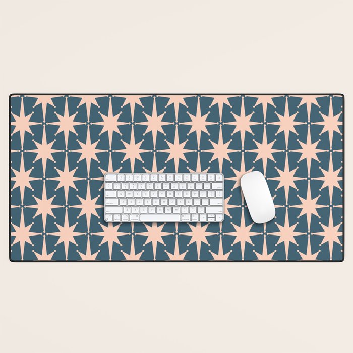 Mid Century Modern Atomic Stars Pattern in Steel Teal Blue and Pale Blush Pink Desk Mat Gallery Image 1