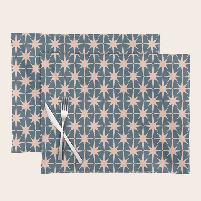 Mid Century Modern Atomic Stars Pattern in Steel Teal Blue and Pale Blush Pink Placemat Gallery Image 1