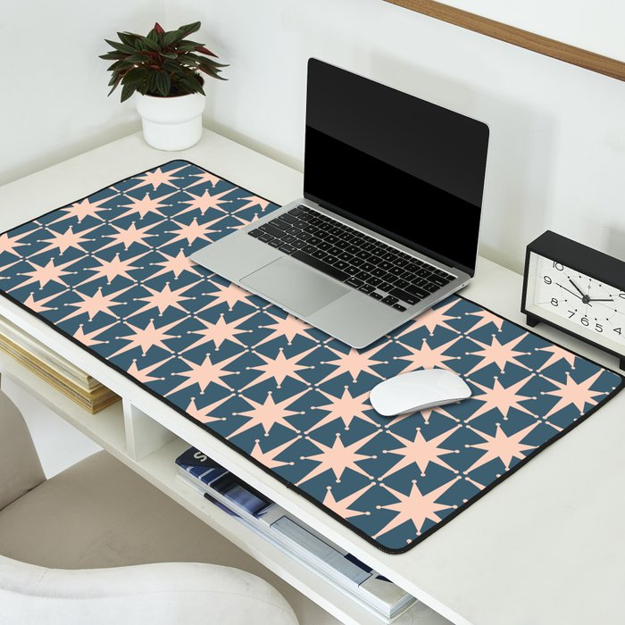 Mid Century Modern Atomic Stars Pattern in Steel Teal Blue and Pale Blush Pink Desk Mat Gallery Image 2