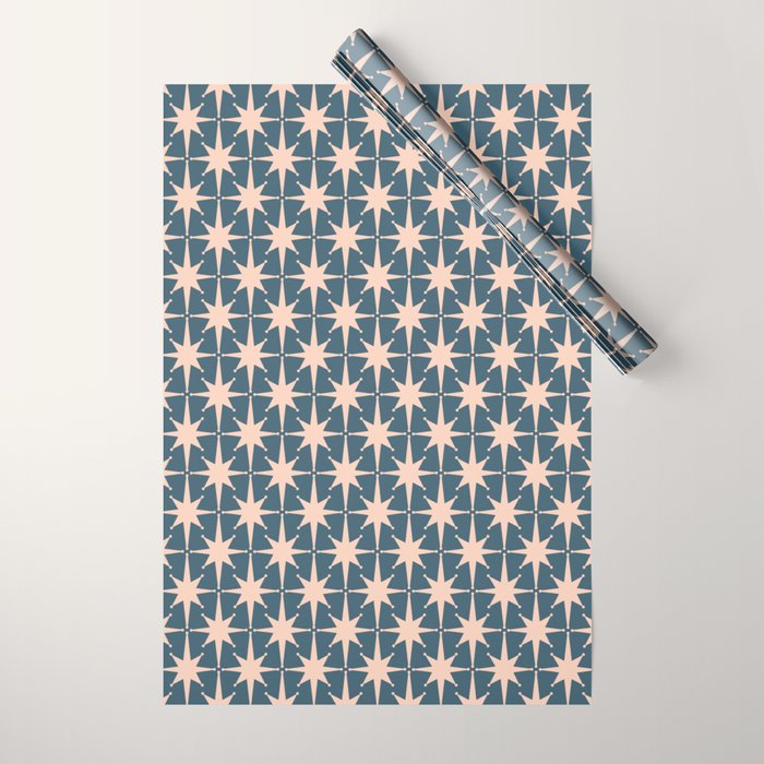 Mid Century Modern Atomic Stars Pattern in Steel Teal Blue and Pale Blush Pink Wrapping Paper Gallery Image 1