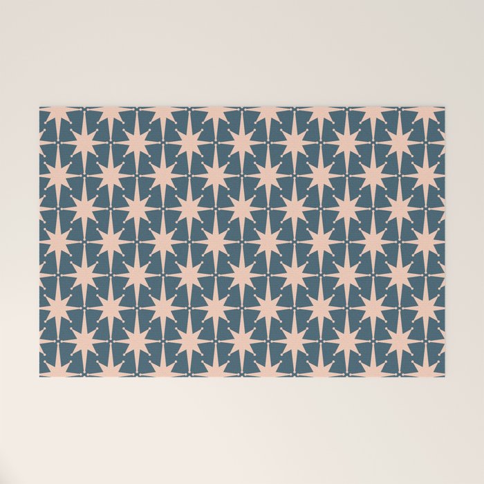 Mid Century Modern Atomic Stars Pattern in Steel Teal Blue and Pale Blush Pink Welcome Mat Gallery Image 1