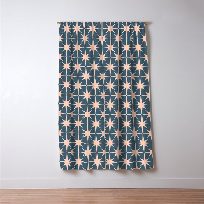 Mid Century Modern Atomic Stars Pattern in Steel Teal Blue and Pale Blush Pink Window Curtain Gallery Image 3