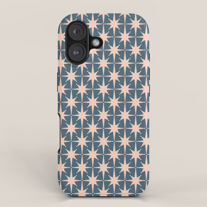 Mid Century Modern Atomic Stars Pattern in Steel Teal Blue and Pale Blush Pink iPhone Case Gallery Image 1