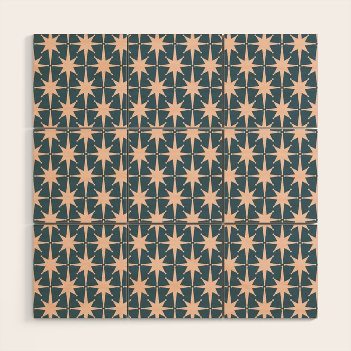 Mid Century Modern Atomic Stars Pattern in Steel Teal Blue and Pale Blush Pink Wood Wall Art Gallery Image 1