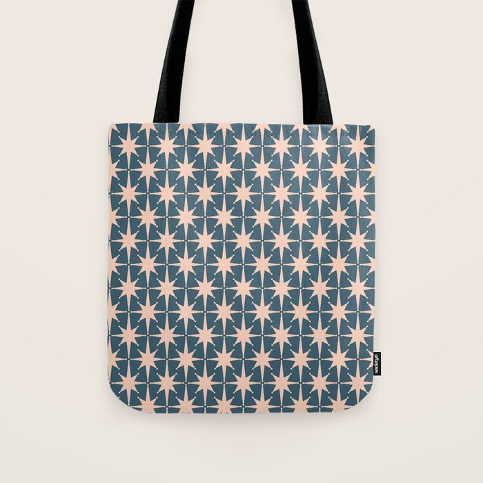 Mid Century Modern Atomic Stars Pattern in Steel Teal Blue and Pale Blush Pink Tote Bag Gallery Image 1