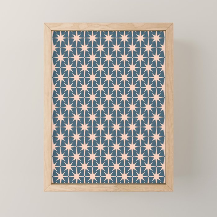 Mid Century Modern Atomic Stars Pattern in Steel Teal Blue and Pale Blush Pink Mini Art Print Gallery Image 1