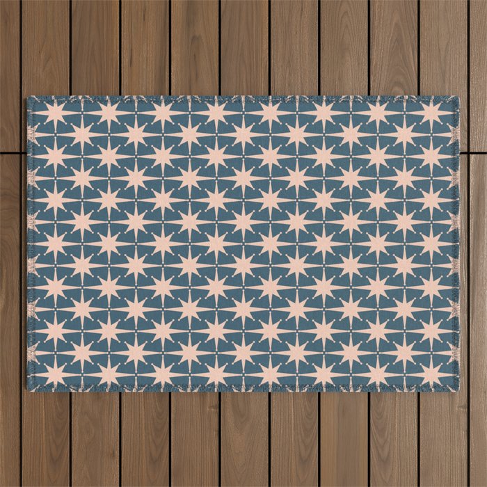 Mid Century Modern Atomic Stars Pattern in Steel Teal Blue and Pale Blush Pink Outdoor Rug Gallery Image 1