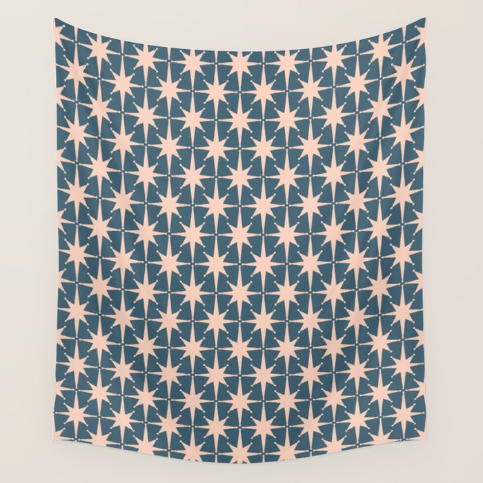 Mid Century Modern Atomic Stars Pattern in Steel Teal Blue and Pale Blush Pink Wall Tapestry Gallery Image 4