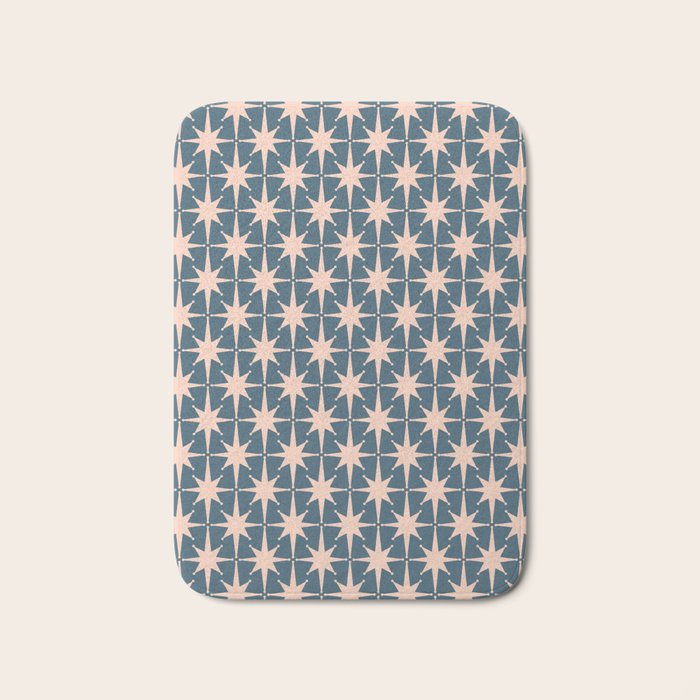 Mid Century Modern Atomic Stars Pattern in Steel Teal Blue and Pale Blush Pink Bath Mat Gallery Image 1