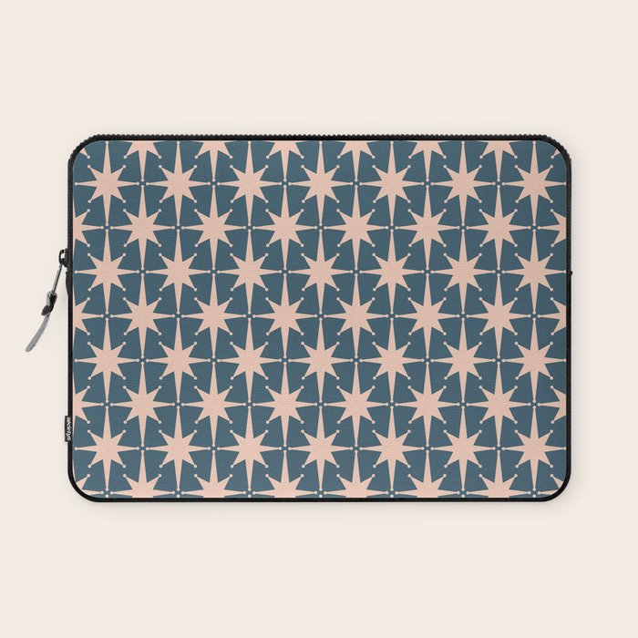 Mid Century Modern Atomic Stars Pattern in Steel Teal Blue and Pale Blush Pink Laptop Sleeve Gallery Image 1