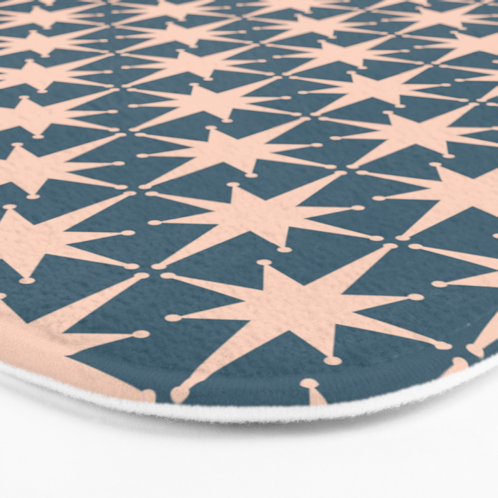 Mid Century Modern Atomic Stars Pattern in Steel Teal Blue and Pale Blush Pink Bath Mat Gallery Image 3