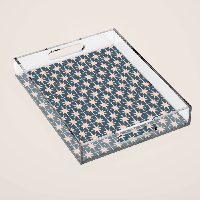 Mid Century Modern Atomic Stars Pattern in Steel Teal Blue and Pale Blush Pink Acrylic Tray Gallery Image 1