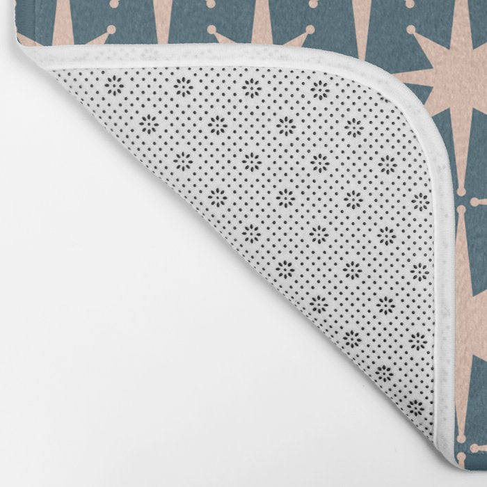 Mid Century Modern Atomic Stars Pattern in Steel Teal Blue and Pale Blush Pink Bath Mat Gallery Image 2