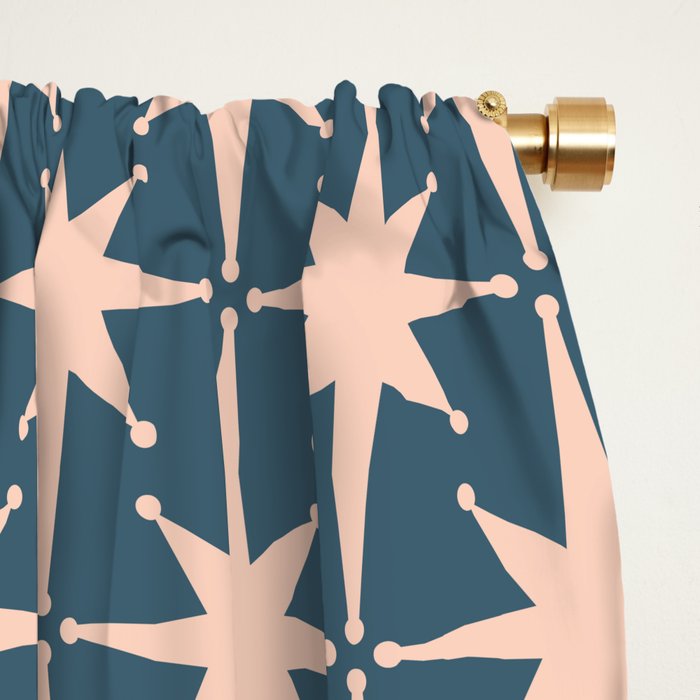 Mid Century Modern Atomic Stars Pattern in Steel Teal Blue and Pale Blush Pink Window Curtain Gallery Image 2