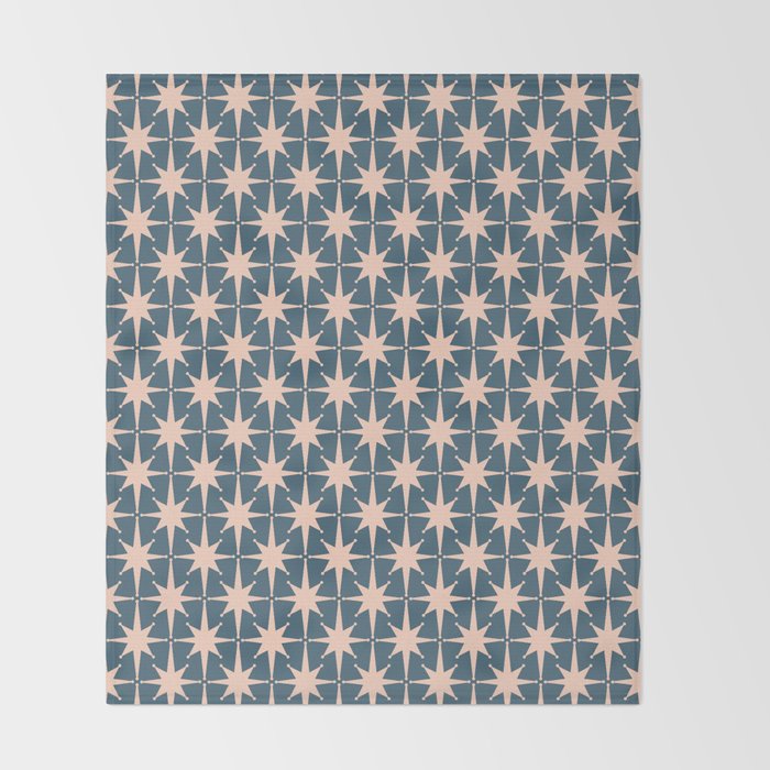 Mid Century Modern Atomic Stars Pattern in Steel Teal Blue and Pale Blush Pink Throw Blanket Gallery Image 2