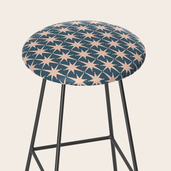 Mid Century Modern Atomic Stars Pattern in Steel Teal Blue and Pale Blush Pink Stool Gallery Image 2