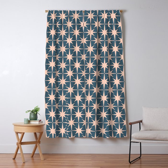 Mid Century Modern Atomic Stars Pattern in Steel Teal Blue and Pale Blush Pink Window Curtain Gallery Image 1