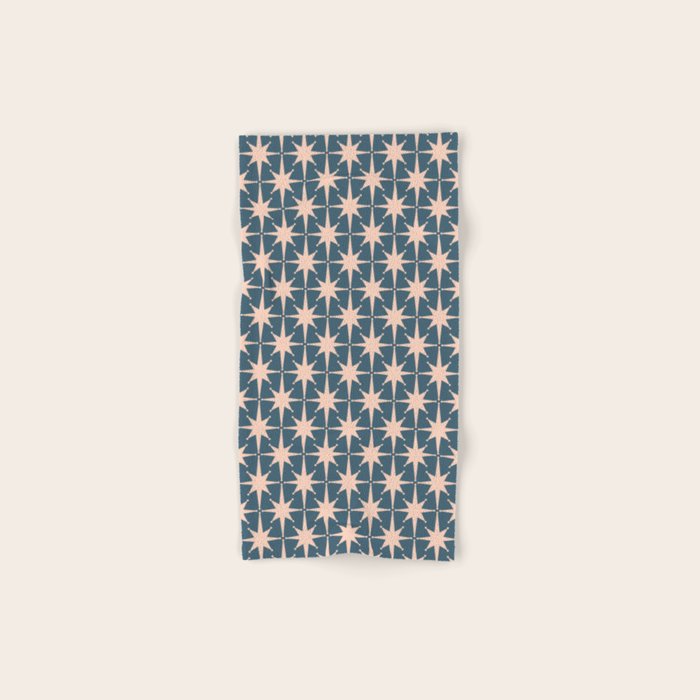 Mid Century Modern Atomic Stars Pattern in Steel Teal Blue and Pale Blush Pink Bath Towel Gallery Image 1