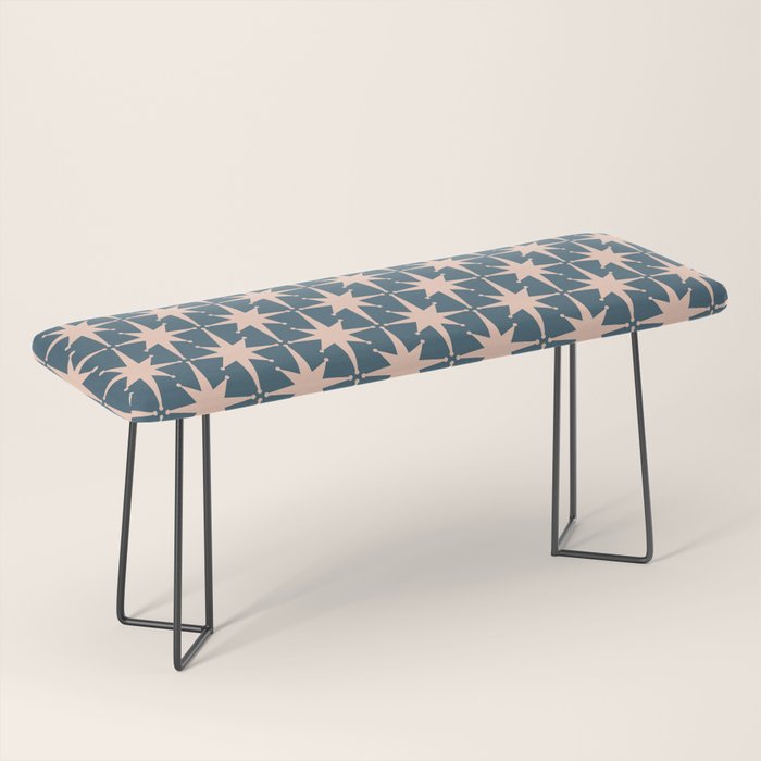 Mid Century Modern Atomic Stars Pattern in Steel Teal Blue and Pale Blush Pink Bench Gallery Image 1