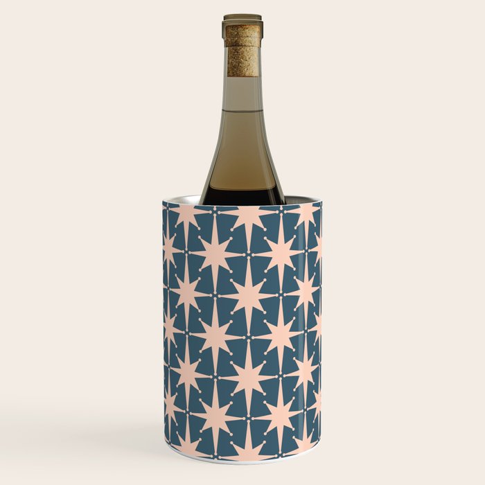 Mid Century Modern Atomic Stars Pattern in Steel Teal Blue and Pale Blush Pink Wine Chiller Gallery Image 2