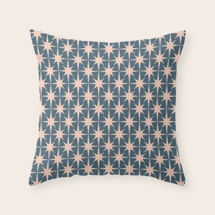 Mid Century Modern Atomic Stars Pattern in Steel Teal Blue and Pale Blush Pink Throw Pillow Gallery Image 6