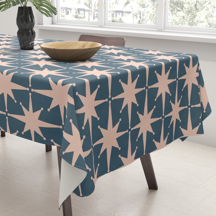 Mid Century Modern Atomic Stars Pattern in Steel Teal Blue and Pale Blush Pink Tablecloth Gallery Image 3