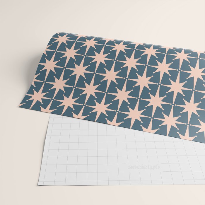 Mid Century Modern Atomic Stars Pattern in Steel Teal Blue and Pale Blush Pink Wrapping Paper Gallery Image 2
