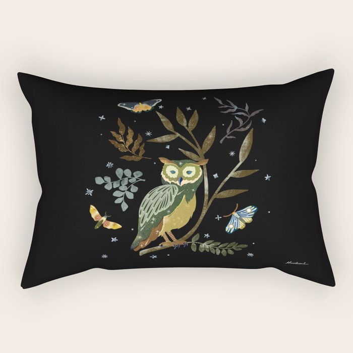 Moonlit Owl and Fluttering Moths Rectangular Pillow Gallery Image 2