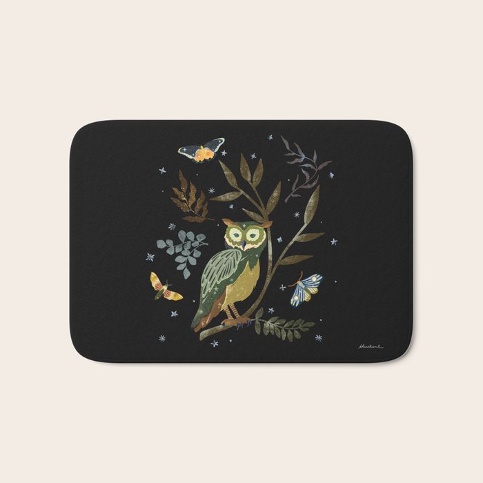 Moonlit Owl and Fluttering Moths Bath Mat Gallery Image 1