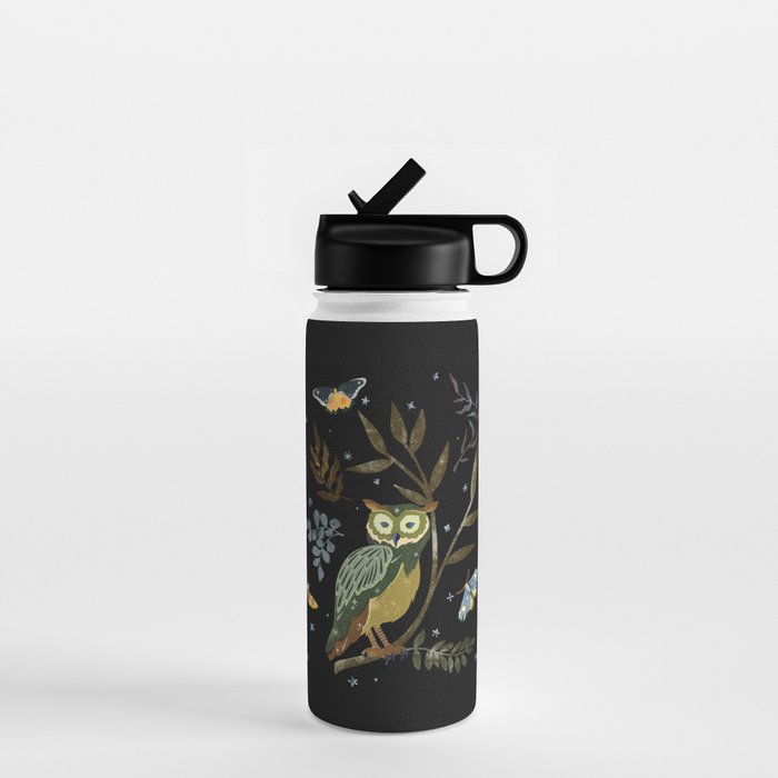Moonlit Owl and Fluttering Moths Water Bottle Gallery Image 1