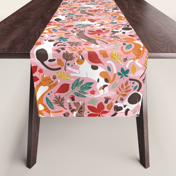 Autumn joy // light pink background cats dancing with many leaves in fall colors Table Runner Gallery Image 1