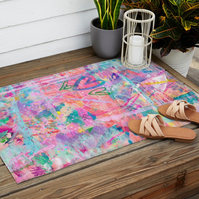 Girly Graffiti with Hearts and Doodles Outdoor Rug Gallery Image 2