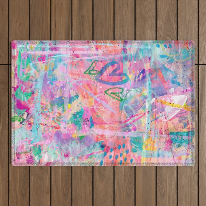 Girly Graffiti with Hearts and Doodles Outdoor Rug Gallery Image 1