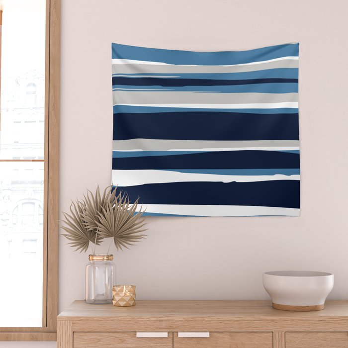 Ocean Beach Striped Landscape, Navy, Blue, Gray Wall Tapestry Gallery Image 2