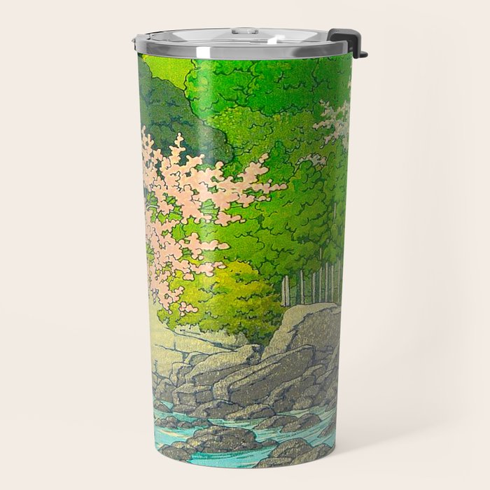 Vintage Japanese Woodblock Print Beautiful Water Creek Grey Rocks Green Trees Travel Mug Gallery Image 2