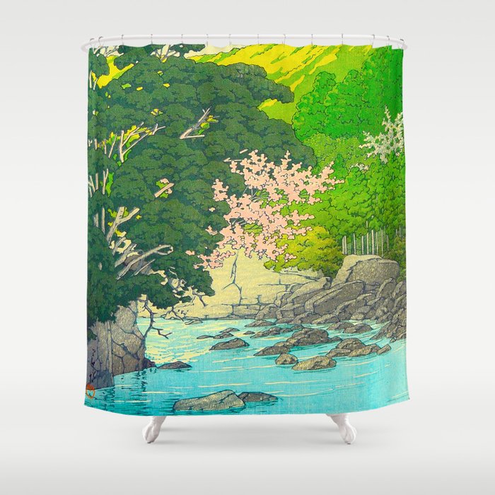 Vintage Japanese Woodblock Print Beautiful Water Creek Grey Rocks Green Trees Shower Curtain Gallery Image 1