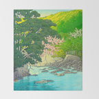 Vintage Japanese Woodblock Print Beautiful Water Creek Grey Rocks Green Trees Throw Blanket Gallery Image 2