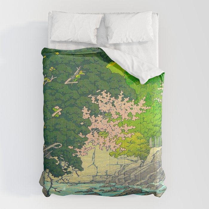 Vintage Japanese Woodblock Print Beautiful Water Creek Grey Rocks Green Trees Comforter Gallery Image 6