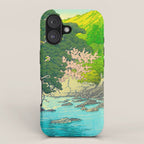 Vintage Japanese Woodblock Print Beautiful Water Creek Grey Rocks Green Trees iPhone Case Gallery Image 1