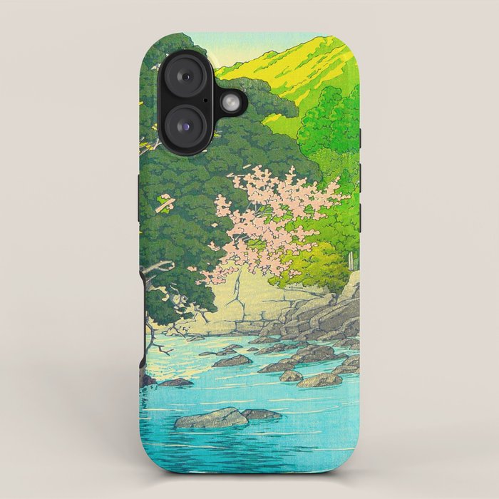 Vintage Japanese Woodblock Print Beautiful Water Creek Grey Rocks Green Trees iPhone Case Gallery Image 1
