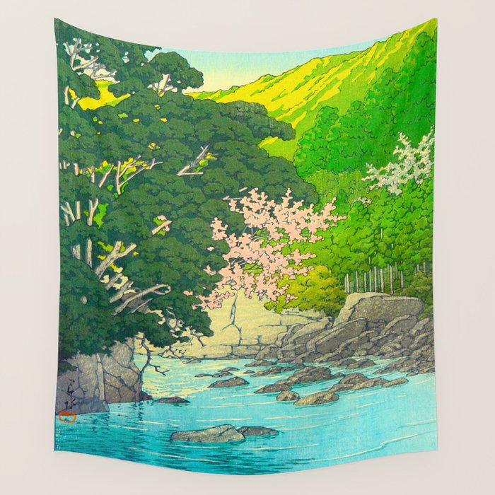 Vintage Japanese Woodblock Print Beautiful Water Creek Grey Rocks Green Trees Wall Tapestry Gallery Image 1