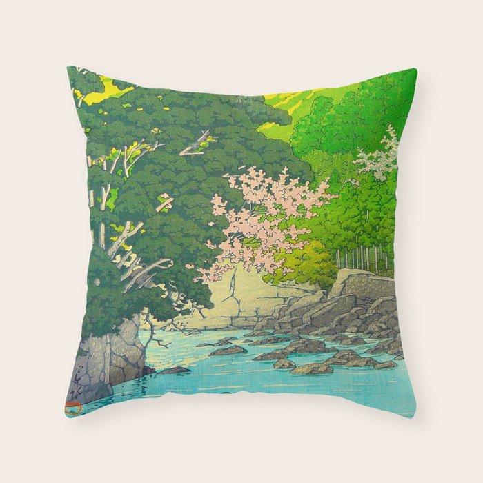 Vintage Japanese Woodblock Print Beautiful Water Creek Grey Rocks Green Trees Throw Pillow Gallery Image 6