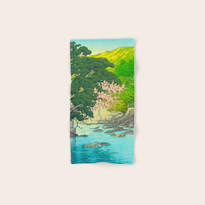 Vintage Japanese Woodblock Print Beautiful Water Creek Grey Rocks Green Trees Bath Towel Gallery Image 1