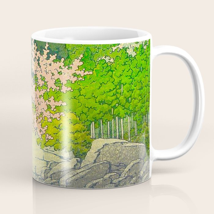 Vintage Japanese Woodblock Print Beautiful Water Creek Grey Rocks Green Trees Coffee Mug Gallery Image 1