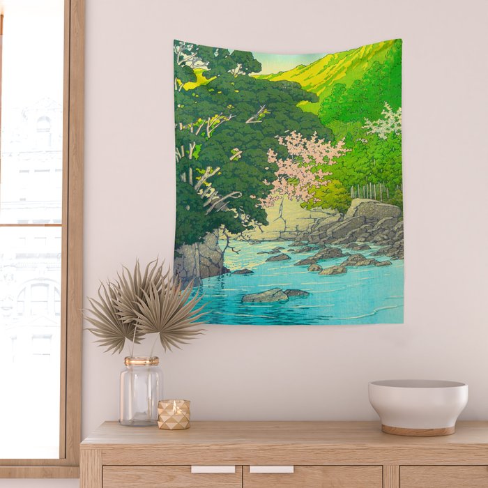 Vintage Japanese Woodblock Print Beautiful Water Creek Grey Rocks Green Trees Wall Tapestry Gallery Image 2