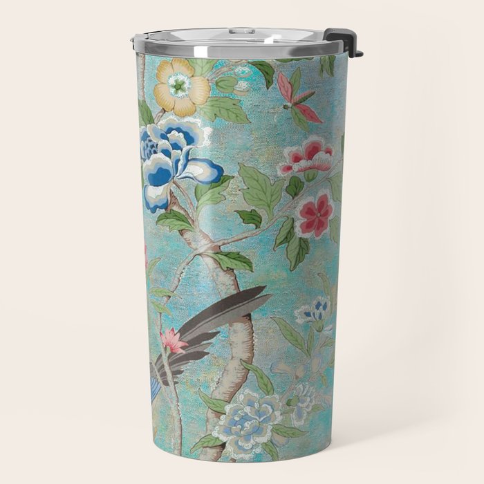 Chinoiserie Aqua Turquoise Peony Bird Garden  Travel Mug Gallery Image 2