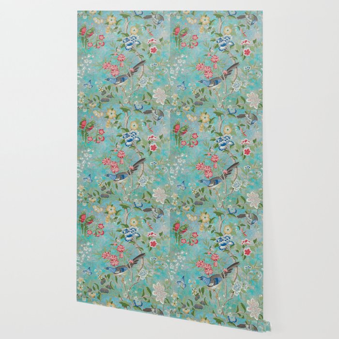 Chinoiserie Aqua Turquoise Peony Bird Garden  Wallpaper Gallery Image 2
